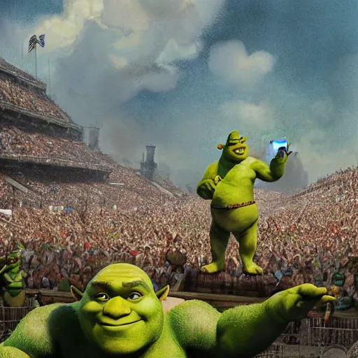 Image similar to A photograph of Shrek at the olympics, realistic, large crowd, vintage shading, by greg rutkowski