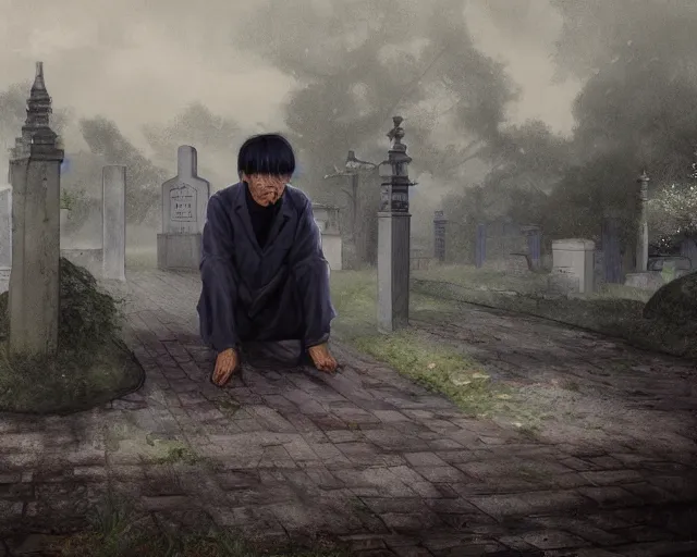 Prompt: a 50 year old brunnete chinese man leaning on the ground at a funeral in a cemetery next to the grim reaper, horror scene, dramatic, anime art, Greg Rutkowski, studio ghibli, dramatic lighting