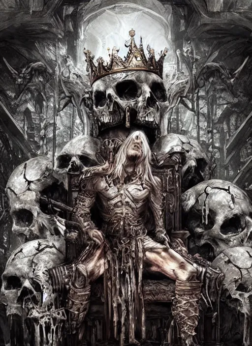 Prompt: the ruined king sitting on a throne made of skulls, concept art, digital illustration, trending on artstation, deviantart, artgerm, epic composition, masterpiece, highly detailed, perfect face, realistic face, wlop, ross draws