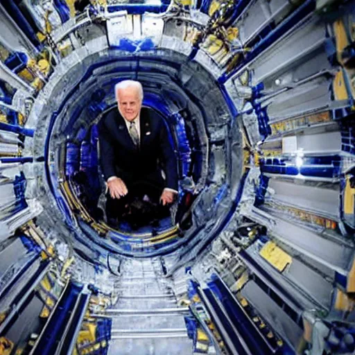 Image similar to The monster Joe BIDEN crawling out of The Large Hadron Collider at cern with a bunch of demons behind him