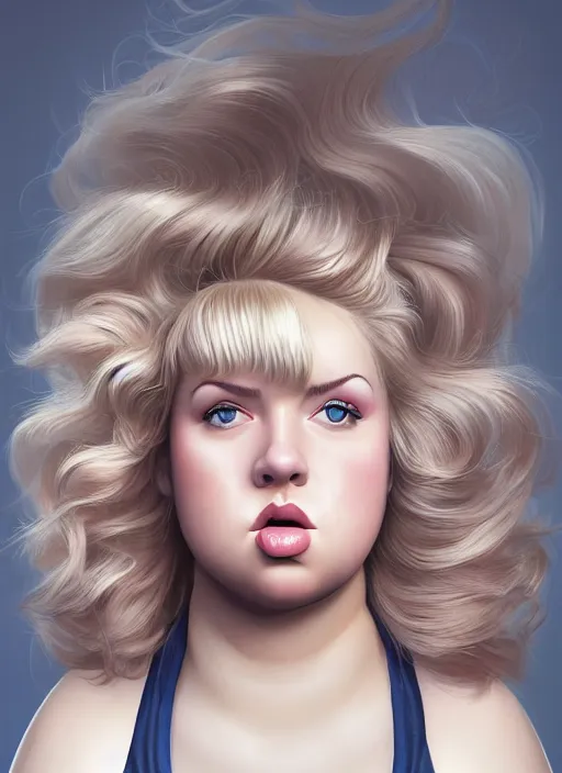 Image similar to full body portrait, teenage betty cooper, blonde hair, obese, bangs, ponytail, sultry, realistic, sultry smirk, fluffy bangs, curly bangs, fat, belly, beautiful girl, intricate, elegant, highly detailed, digital painting, artstation, concept art, smooth, sharp focus, illustration, art by wlop, mars ravelo and greg rutkowski