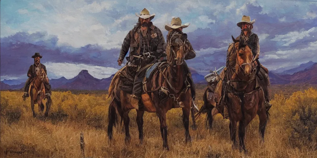 Prompt: a rugged sheriff and a tough bandit on the New Mexico trail, grim, ominous, dramatic oil panting