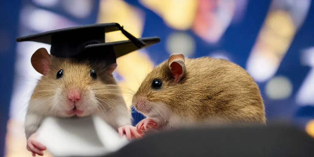 Prompt: A professional photograph of a hamster in a graduate hat doing a speech from a speech tribune , shatterstock, university, cinematic, 8K, award-winning photo, highest quality, perfect moment