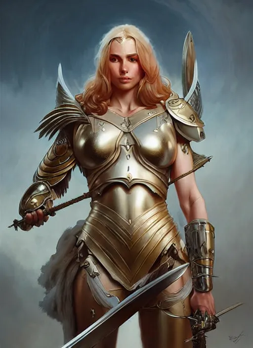Prompt: valkyrie with sword, beautiful face, highly detailed face!!!, big breasts!!, anatomical armour, true anatomy!, extremely detailed!, digital painting, unreal engine 5, art by artgerm and greg rutkowski and alphonse mucha