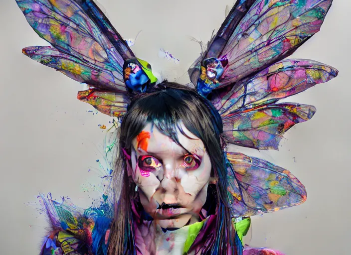 Image similar to a painting by martine johanna of a fairy with big wings wearing a hoodie standing in a township street in the style of jenny saville, street fashion outfit, haute couture fashion shoot, full figure painting by david choe and jeremy mann, decorative flowers, 2 4 mm, die antwoord yolandi visser