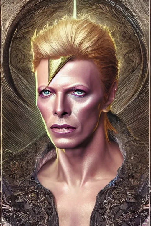 Image similar to ultra realistic illustration, fairy king david bowie from diablo and baldurs gate, intricate, elegant, highly detailed, digital painting, artstation, concept art, smooth, sharp focus, illustration, art by artgerm and greg rutkowski and alphonse mucha