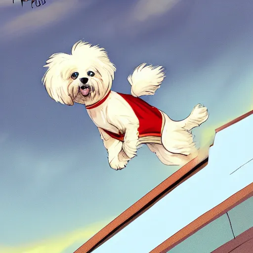 Image similar to cream colored havanese dog dressed as a super hero, jumping off a rooftop, sideways wide shot, highly coherent, saga comic, graphic novel, fiona staples