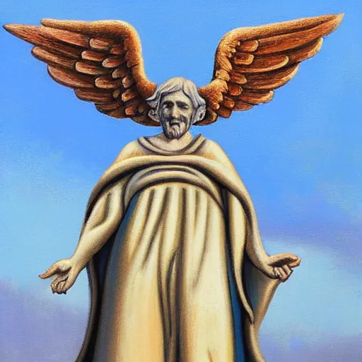 Prompt: angel carrying old man to heaven, blue sky, by Robert MacDonald (US)
