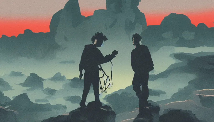 Prompt: the weeknd with drake by studio ghibli, digital art, sharp focus, 4 k, sunset beach, foggy, neon