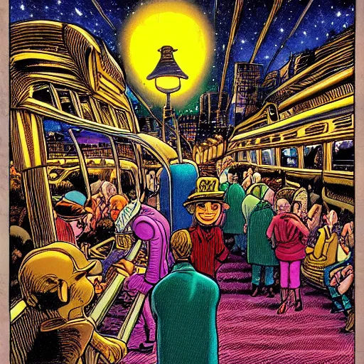 Image similar to some people waiting in bus stop in dark city night, detailed, high quality, high resolution, by don rosa