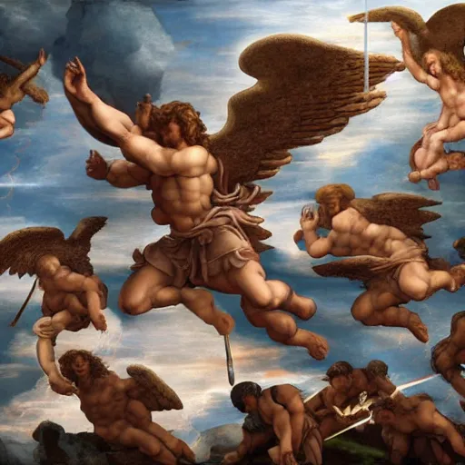 Prompt: biblically accurate angels heavenly battle, battlefield, realistic lighting, paint style by michelangelo, cinematic, god rays shining, ultrarealistic, intricate detail, finely detailed, small details, extra detail, high resolution, volumetric lighting, 8 k, ultradetailed, photorealistic