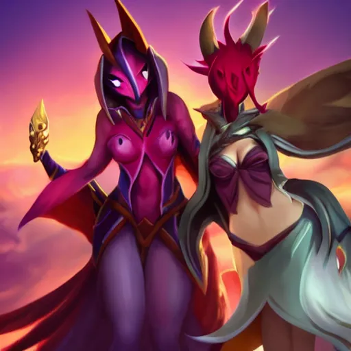 Image similar to league of legends, xayah and kai'sa pose together, best friends, funny, flirty, smiling, photo