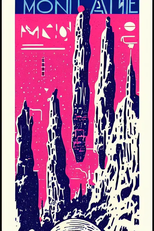 Prompt: vintage french travel poster for a futuristic city on the moon, risograph