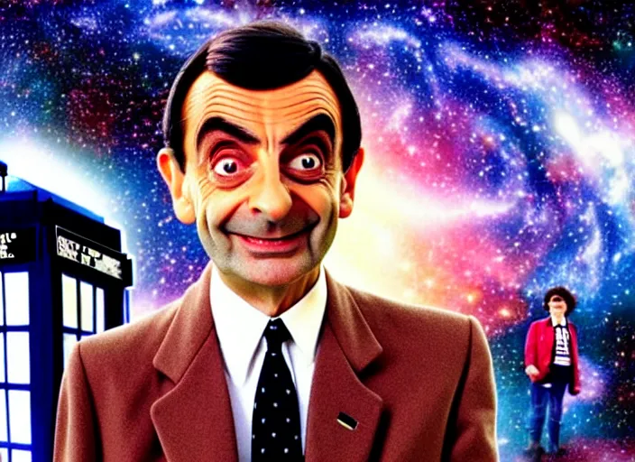 Image similar to product photo still of vhs cover of mr bean as doctor who in front of a nebula through the open door of the tardis on a vhs box