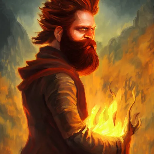 Image similar to furious young brown - red haired man with beard, wearing black coat, fire behind him, fire mage, shooting fire, fire, oil painting, fantasy artwork, fantastic artwork, 4 k, trending on artstation