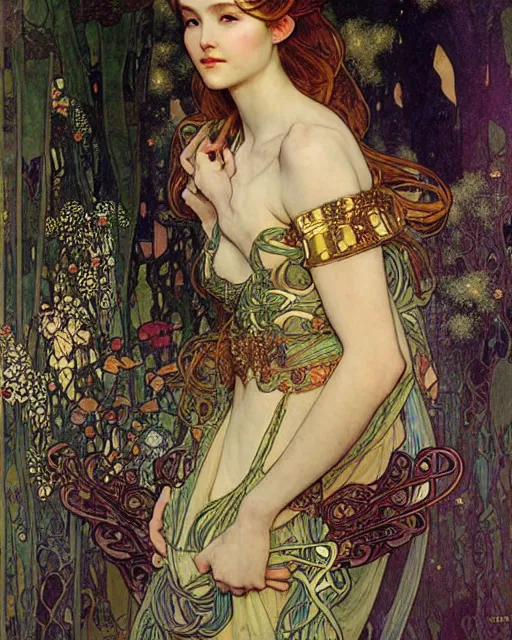 Image similar to an elf princess by Ross Tran, Alphonse Mucha, Gustav Klimt and edgar maxence