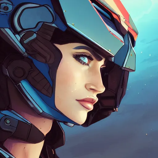 Image similar to a portrait of a stunning beautiful elite megan fox gundam pilot, with an intricate, detailed, urban inspired hiphop afro futuristic helmet, vector behance hd jesper ejsing, rhads, makoto shinkai, lois van baarle, ilya kuvshinov, rossdraws, hd, 3 2 k, ilya kuvshinov, gustav klimt