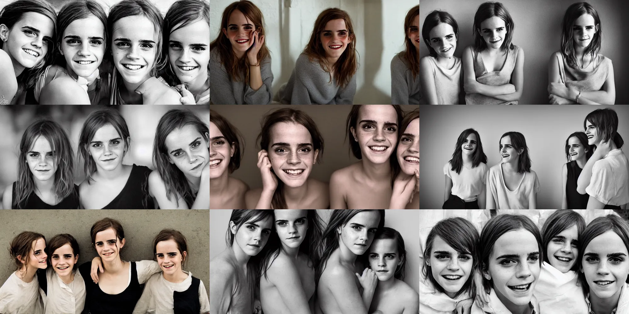 Prompt: portrait emma watson identical twins smiling greg rutkowski james gurney canon fujifilm sony alpha nikon david bailey corinne day