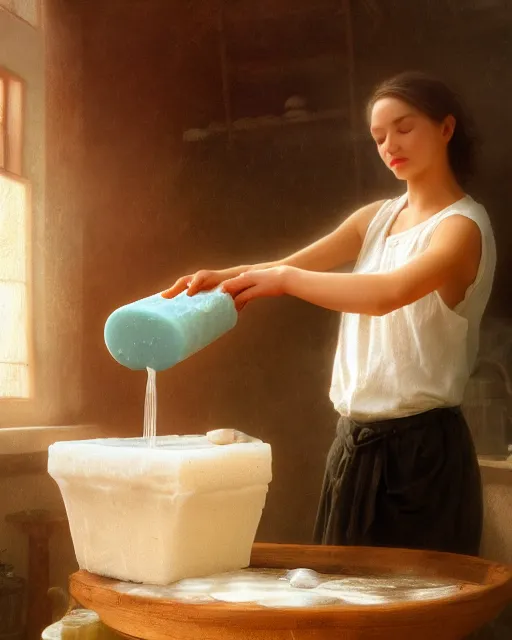 Image similar to soap is washed by a person, studio shooting style, professional photographer, many details, super realistic, high quality, 8 k, realistic, hyper detail, dynamic, in albert bierstadt style