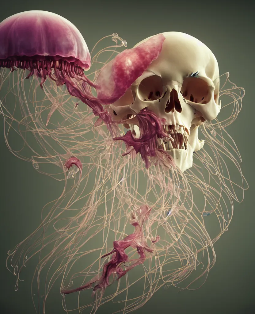 Image similar to composition of human skulls, animals skulls, bones, rib-cage. jellyfish orchids and betta fish, bioluminiscent, intricate artwork by Tooth Wu and wlop and beeple. octane render, trending on artstation, greg rutkowski very coherent symmetrical artwork. cinematic, hyper realism, high detail, octane render, 8k