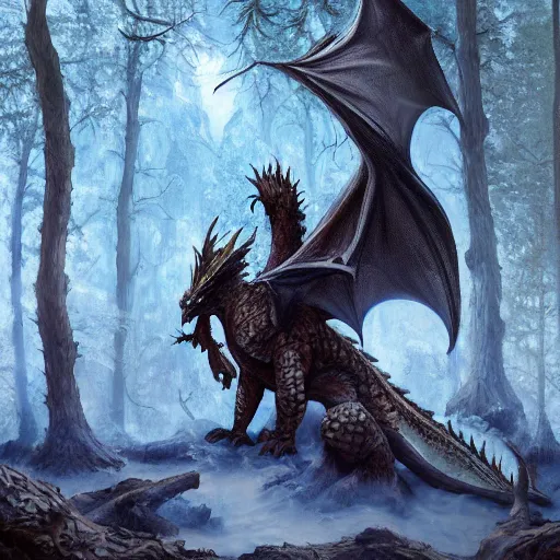 Image similar to oil painting of dragon in cold forest, dnd character, fantasy, magic, realistic textured skin, big lizard head, eagle feather, glowing eyes, clear clean, artgem, boris valejo, goro fujita, frank frazetta, heavy metal style, trending on artstation, digital painting, julie bell, beautiful, very detailed, pixar