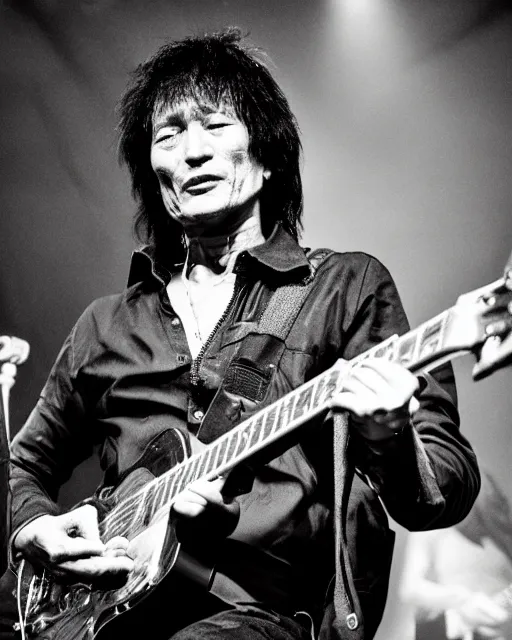 Image similar to sixty years old viktor tsoi with guitar in his hands, photo, microphone, rock concert, black and white, iso 6 0 0, 3 5 mm, codac gold