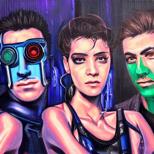 Image similar to portrait of three cyberpunk mobsters, detailed painting