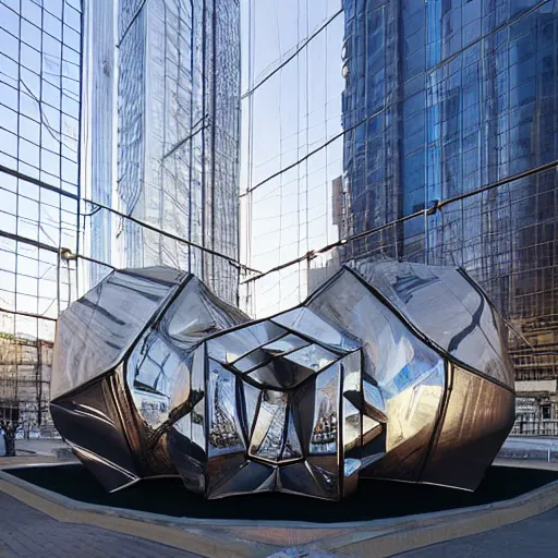 Prompt: a giant metallic obsidian cubic art installation constructed in the middle of an elegant sci - fi metropolis