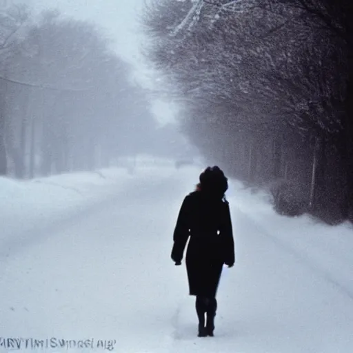 Prompt: girl walking through a blizzard, 8 0 mm film