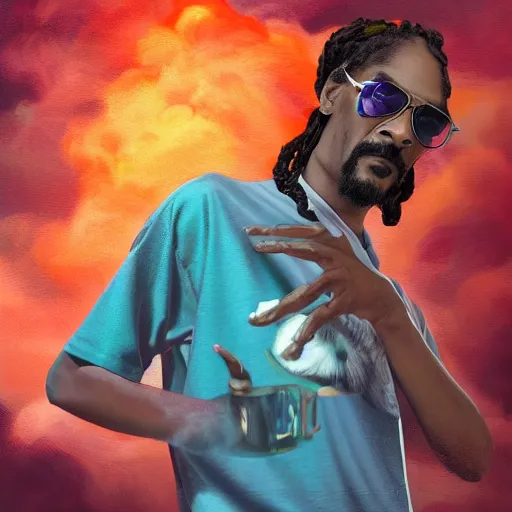 Image similar to colossal god snoop dog is smoking the clouds, highly detailed, digital painting, artstation, octane render, matte, sharp focus, impressionist painting