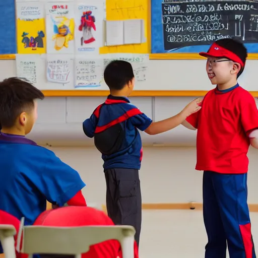 Prompt: kazakh guy with glasses in a red baseball cap teaching kids in school