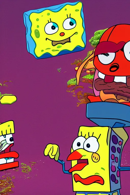 Image similar to sci - fi spongebob fight mr crabs for a burger, anime, 4 k