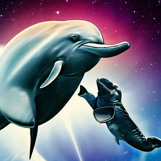 Image similar to mike tyson riding a dolphin through space photograph