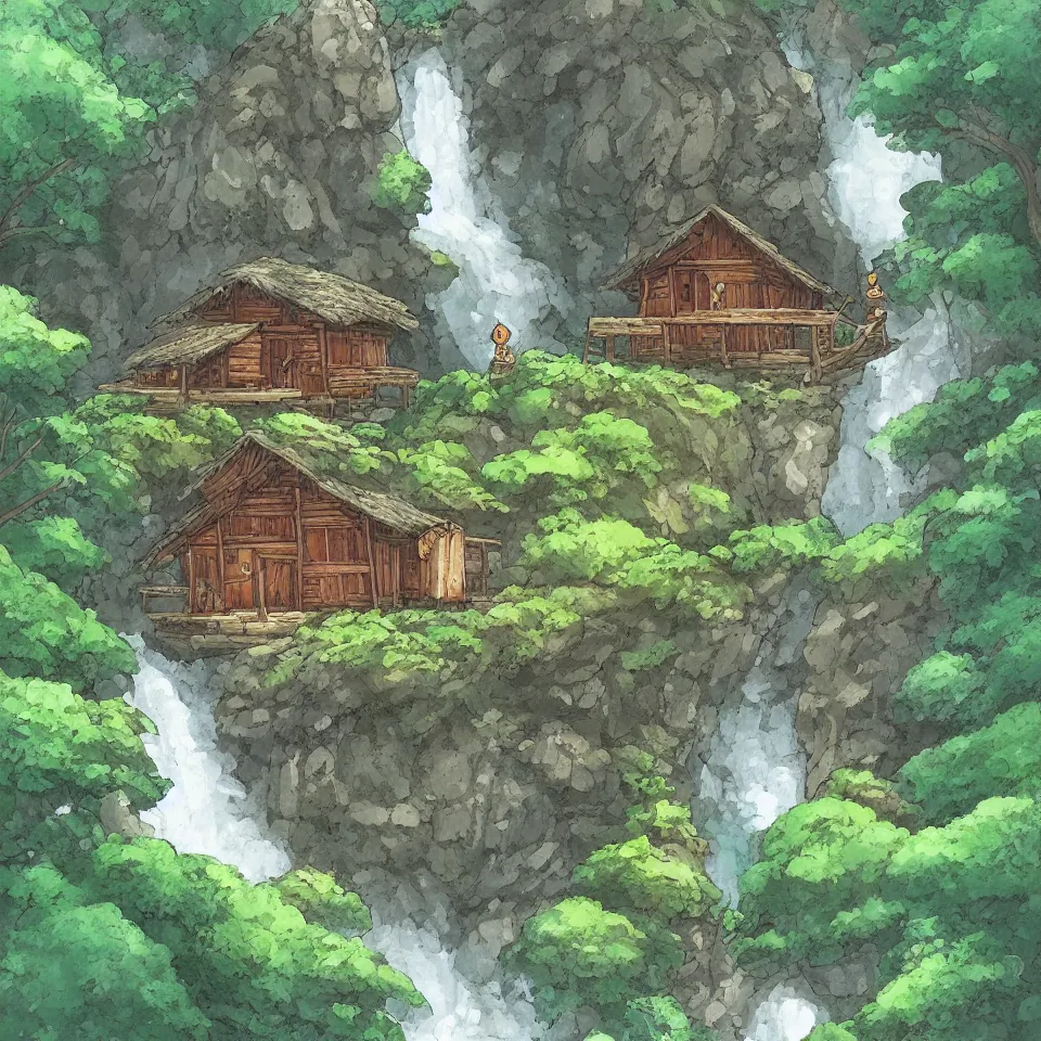 Prompt: a cozy hut near a huge waterfall, fantasy, forest, manga studio ghibli, highly detailed