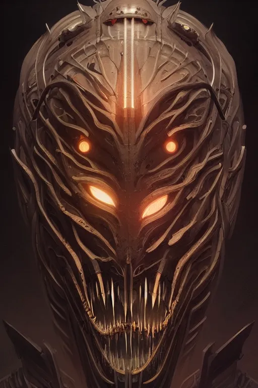 Image similar to professional concept art symmetrical portrait of a terrifying! mechanical predatory! fractal! species in a dark room by artgerm and greg rutkowski. an intricate, elegant, highly detailed digital painting, concept art, smooth, sharp focus, illustration, in the style of cam sykes.