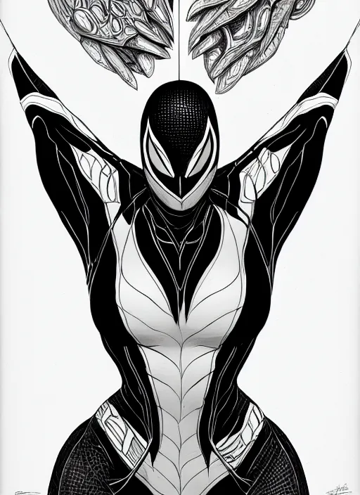 Prompt: symmetry concpet art, full shot, traditional ink, sketch, of olivia wilde as venom, line sketch, intricate, elegant, highly detailed, monochrome, digital painting, artstation, concept art, sharp focus, illustration, art by borderlands 3 and peter polach