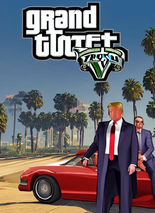 Image similar to gta 5 game poster showing donald trump with cardboard box outside mar - a - lago, wide shot,