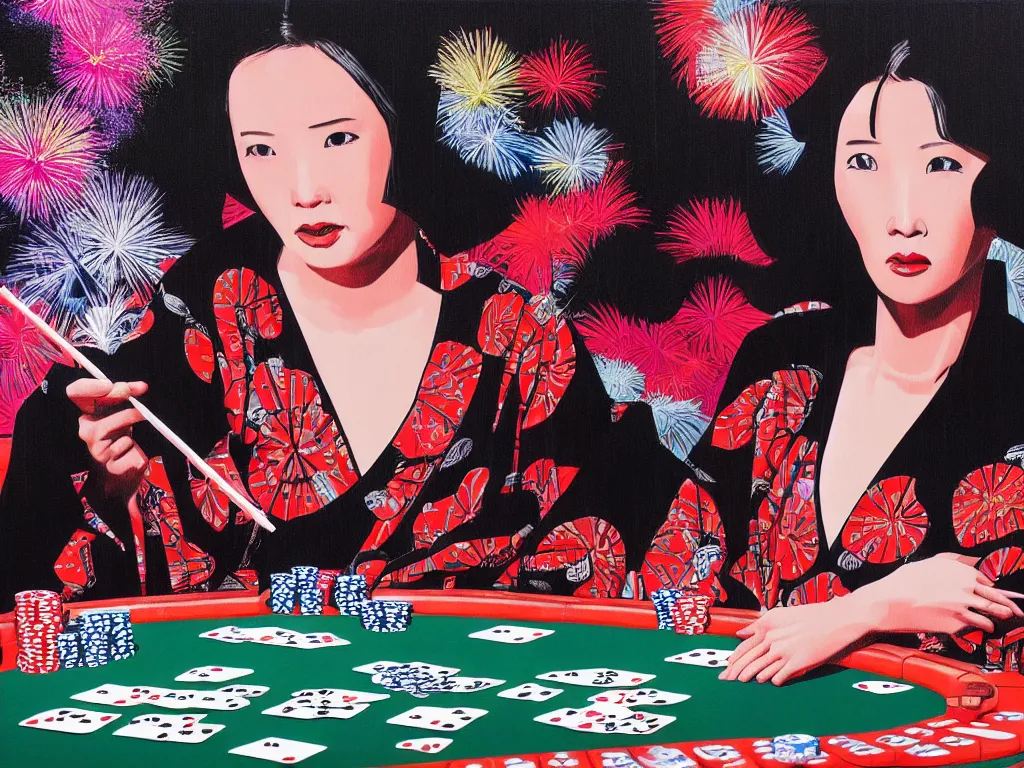 Image similar to hyperrealism composition of the detailed woman in a japanese kimono sitting at an extremely detailed poker table with darth vader, fireworks on the background, pop - art style, jacky tsai style, andy warhol style, acrylic on canvas