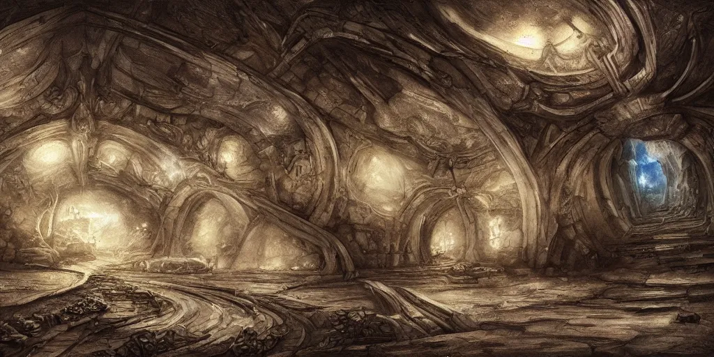 Image similar to Caelum sky subterranean horizon mystery, intricate drawing, oratio pro aris et focis, realistic fantasy, establishing shot, 8k resolution, dramatic lighting