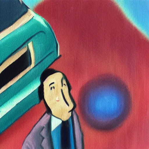 Prompt: used car salesman surreal oil painting, chromatic aberration, horror