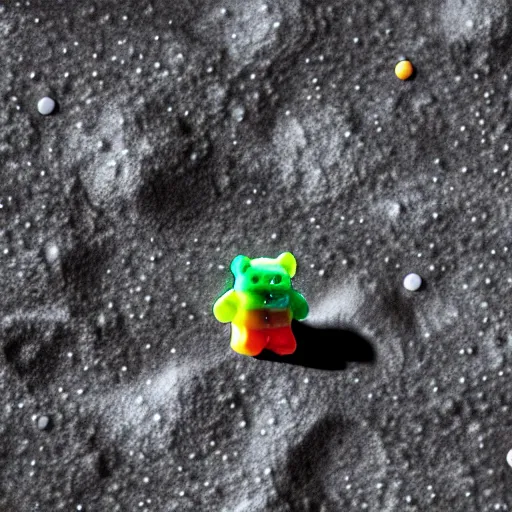 Image similar to a gummy bear walking on the moon staring back at a tiny earth, photorealistic, 5 5 mm, 1 6 k details, hyperrealist