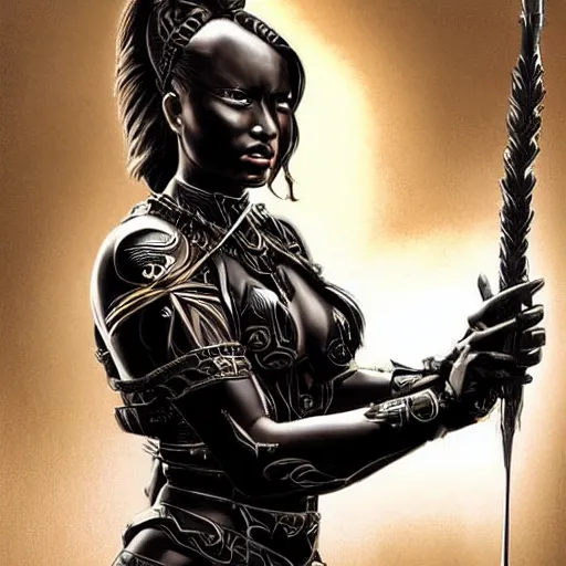 Image similar to a beautiful warrior woman with tan skin and dark hair wearing black catsuit covered by modern plates of body armour, she is holding a long staff, intricate, elegant, highly detailed, detailed face, smooth, sharp focus, high contrast, graphic novel, art by michael choi,