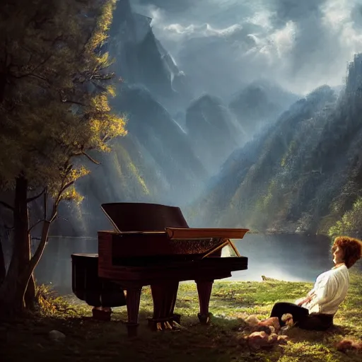 Image similar to beethoven playing piano, beautiful landscape, dramatic lighting, cinematic, establishing shot, extremly high detail, photorealistic, cinematic lighting, post processed, concept art, artstation, matte painting, style by greg rutkowsky