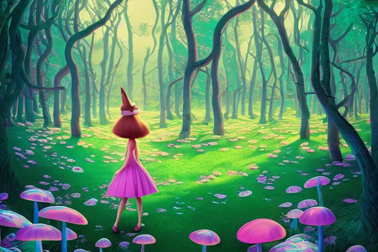 Prompt: alice in wonderland digital illustration by ilya kuvshinov, cheshire cat in a surreal psychedelic mushroom forest by beeple