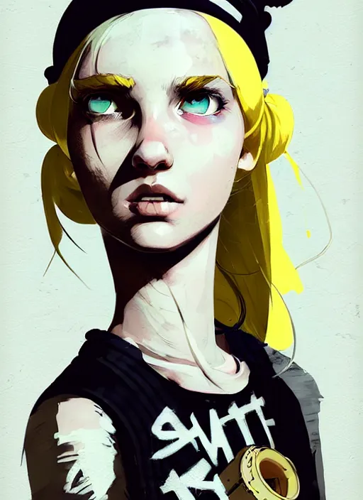 Image similar to highly detailed closeup portrait of a sewer punk pretty swedish female road warrior student, tartan garment, blonde hair pigtails with headband by atey ghailan, by greg rutkowski, by greg tocchini, by james gilleard, by joe fenton, by kaethe butcher, gradient yellow, black, brown and white color scheme, grunge aesthetic!!! white graffiti tag wall background