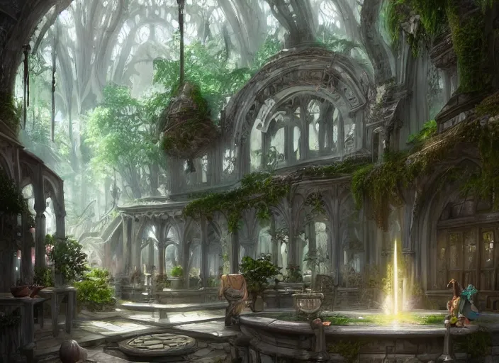Prompt: Potion shop inside a beautiful elven city made of white marble, anime, lush trees, fountain, a fantasy digital painting by Greg Rutkowski and James Gurney, trending on Artstation, highly detailed