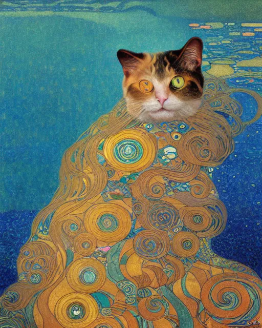 Image similar to ocean cat portrait an oil painting splashes with many colors and shapes by gustav klimt greg rutkowski and alphonse mucha, polycount, generative art, psychedelic, fractalism, glitch art