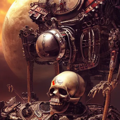 Prompt: An old robot with a skull on its head, servitor, warhammer 40k, adeptus mechanicus, realistic 4k octane beautifully detailed render, 4k post-processing, highly detailed, intricate complexity, epic composition, magical atmosphere, cinematic lighting, masterpiece, ultra hd