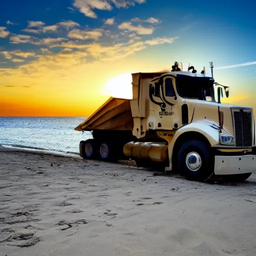 Image similar to a dump truck chilling on the beach, sunset