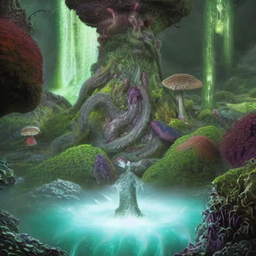 Image similar to tom bagshaw, mythical gigantic space cavern, ultra realist 3 d render curiosities carnival pond vegetation rocks mushrooms and tentacles covered moss, luminescent wisps, stunning waterfall, accurate features, focus, very intricate ultrafine details, random volumetric lighting, fog, award winning masterpiece, octane render 8 k hd, artstation